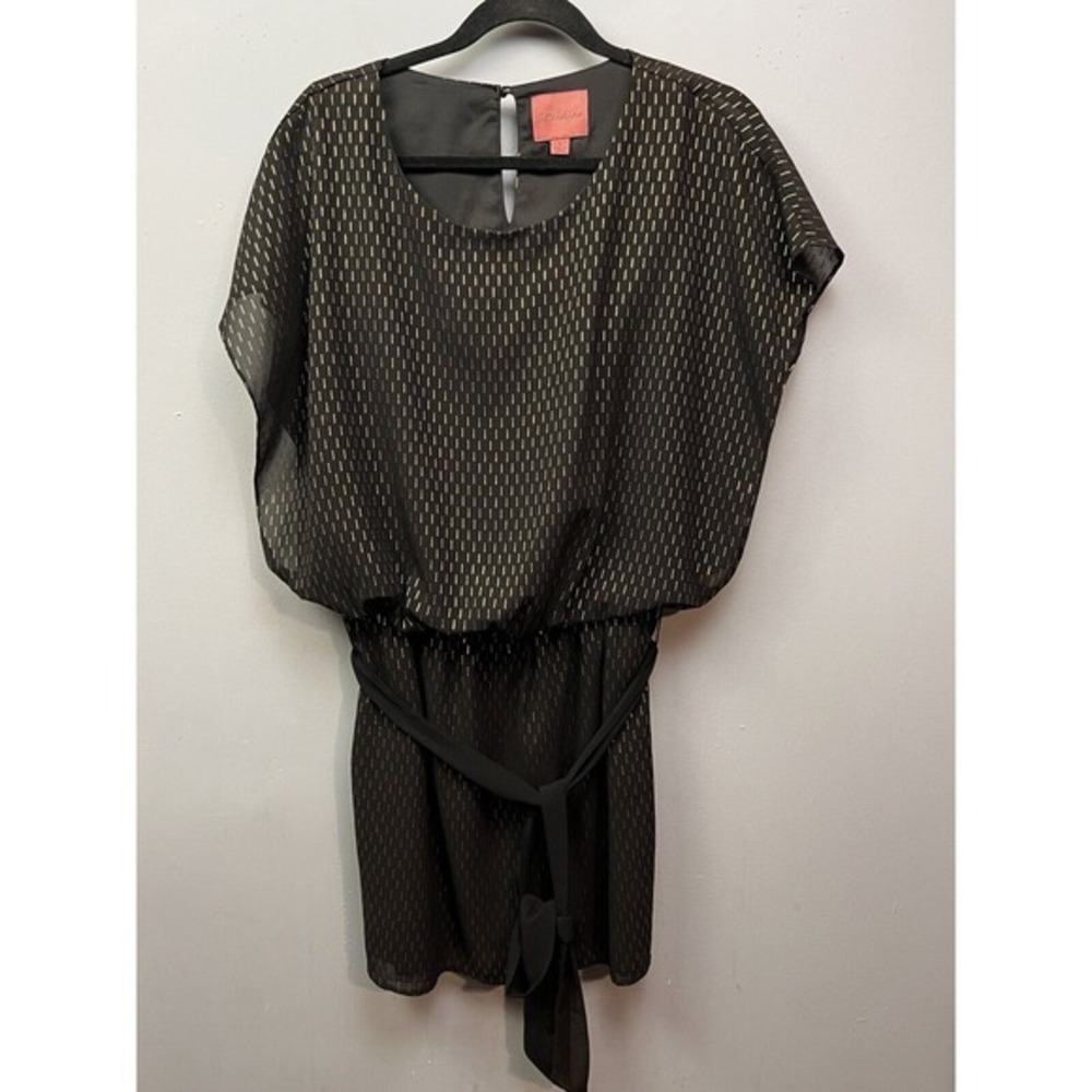 I. Madeline Dress Womens Small Black Gold Metallic Dash‎ Belted Cocktail